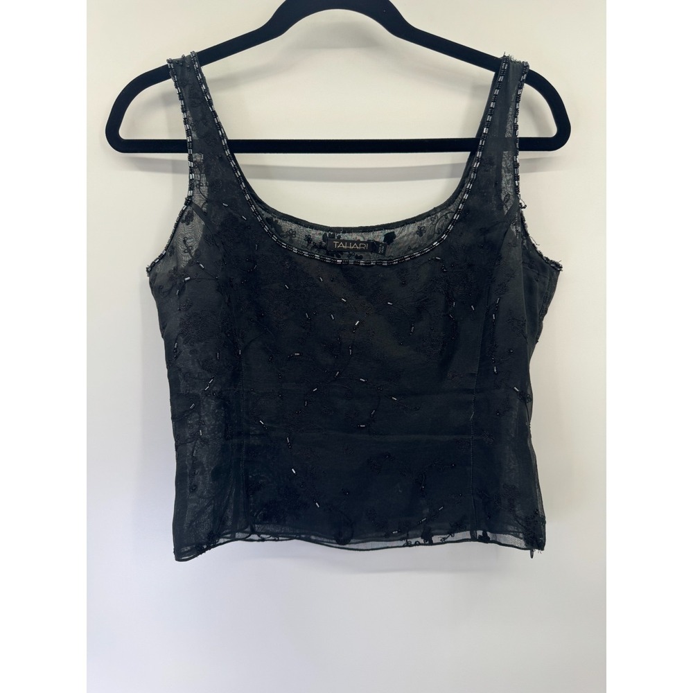 VTG Y2K Whimsigoth Tahari Silk Beaded Top 4 XS Scoop Neck Sheer Crop Cami Dark
